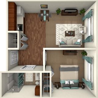 This is a top-down view of a one-bedroom apartment layout featuring a living room, kitchen, bathroom, and bedroom.