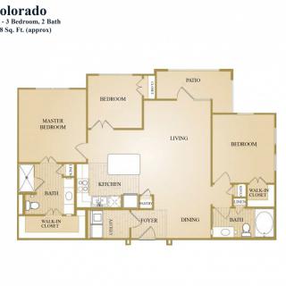 Floor plan of a two-bedroom, two-bathroom apartment layout.