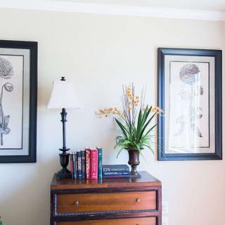 A cozy interior with a chest of drawers, adorned with books, a lamp, and a potted plant; two framed botanical prints hang on the wall.