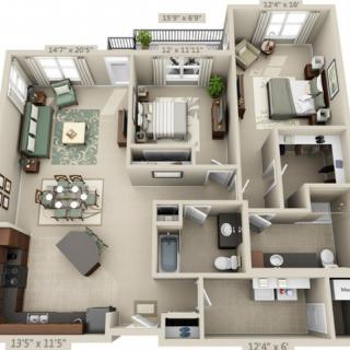 A detailed floor plan of a two-bedroom apartment, showcasing the arrangement of rooms and furniture.