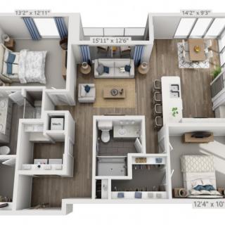 3D floor plan of a two-bedroom apartment with labeled dimensions.