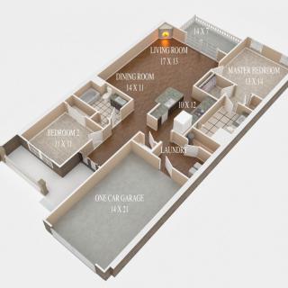 3D floor plan of an apartment showcasing room dimensions and layout.