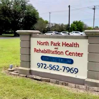Sign for North Park Health and Rehabilitation Center with contact details.