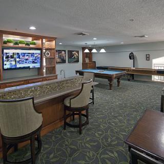 A recreational room featuring a bar, large TV, and pool tables.
