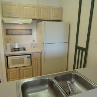 A compact kitchen setup with essential appliances including a fridge, microwave, and double sink.
