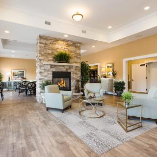 A modern living room with a cozy fireplace and comfortable seating area.