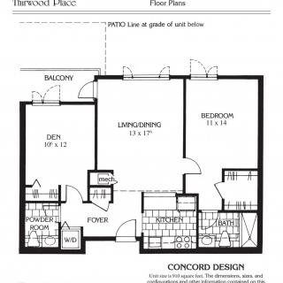 Floor plan of a one-bedroom apartment with living area, kitchen, and balcony.