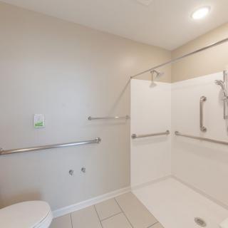 An accessible bathroom with a shower area and grab bars.
