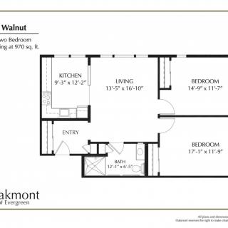 Floor plan of a two-bedroom apartment with kitchen, living room, and bathroom.