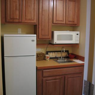 A compact kitchenette with wooden cabinets, a fridge, microwave, and sink.
