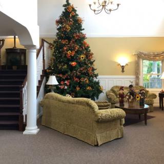A cozy living room with a large Christmas tree decorated for the holidays, featuring a sofa and adjacent staircase.