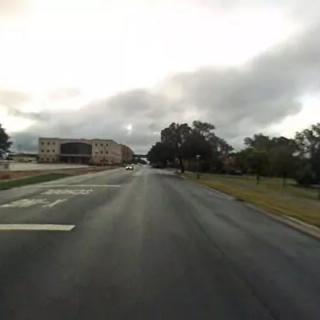 An overcast day on an urban road lined with trees and buildings.