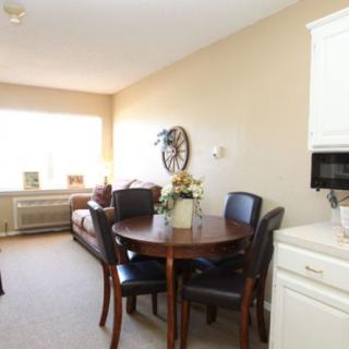 A cozy living room with a dining table and chairs, featuring ample natural light from a large window.