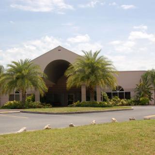 A building entrance surrounded by palm trees on a sunny day.