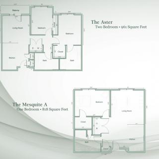 Floor plans for two-bedroom apartment layouts.