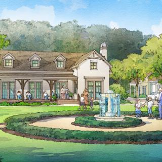 A picturesque illustration of a house with a garden, fountain, and people enjoying the scenery.