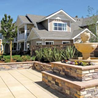 A suburban house with modern landscaping and a prominent fountain in the front yard.