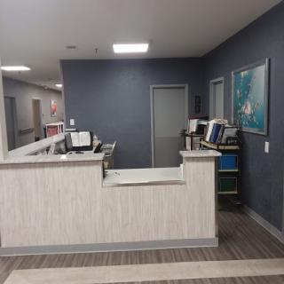 A modern reception area in a professional office setting.