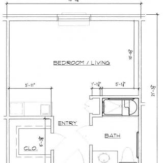 Blueprint of a small apartment showing a combined bedroom and living area, kitchen, and bathroom.