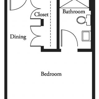 A simple floor plan of a one-bedroom apartment with a dining area, closet, and bathroom.