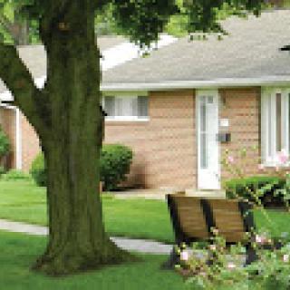 A peaceful suburban scene featuring a house, a large tree, and a bench on the lawn.