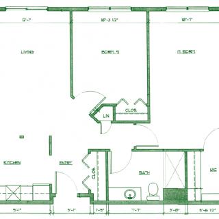 A floor plan depicting the layout of an apartment with labeled rooms and dimensions.
