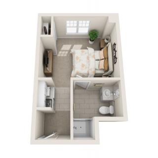 3D floor plan of a compact one-bedroom apartment layout.