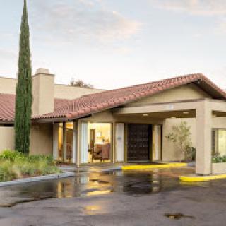 A welcoming entrance to a modern hotel with a stylish design and surrounding greenery.