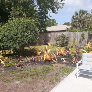 A lush backyard garden with various plants and patio seating.