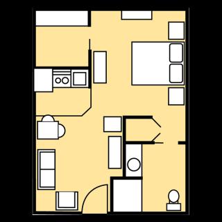 Studio apartment floor plan showing a compact layout with living, kitchen, and sleeping areas.