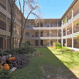 A sunny apartment courtyard with plants and open walkways.