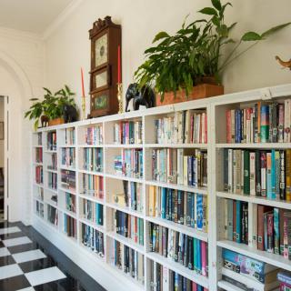 A well-organized bookshelf with plants and a clock in a room with a checkered floor.