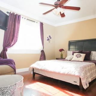 A modern bedroom with purple accents and ample natural light.