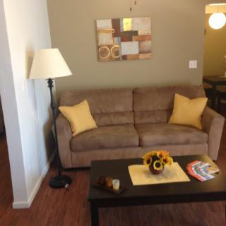 A cozy living room with a sofa, coffee table, and decorative elements.
