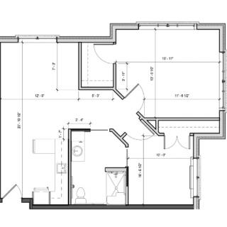 A detailed architectural floor plan showing the layout of rooms and spaces in a residential building.