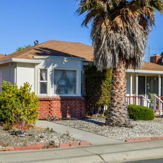 A suburban house with a palm tree in the front yard on a sunny day.