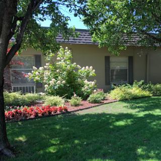 A beautifully landscaped front yard featuring vibrant flowers and lush greenery surrounding a charming house.