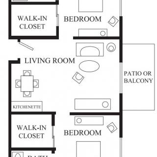 A two-bedroom apartment floor plan featuring a living room, kitchenette, two walk-in closets, and a patio or balcony.