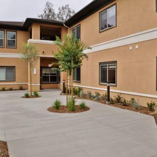 A modern building with a landscaped courtyard and paved walkway.