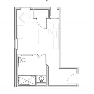 A layout blueprint of a small apartment with designated areas for living, sleeping, and a bathroom.