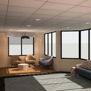 A modern living room design featuring large windows, comfortable seating, and a warm ambiance.