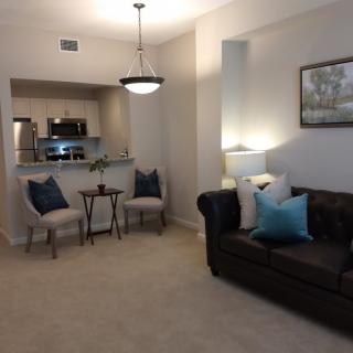 A cozy, modern living room with an open kitchen layout featuring a dark leather couch and elegant chairs.