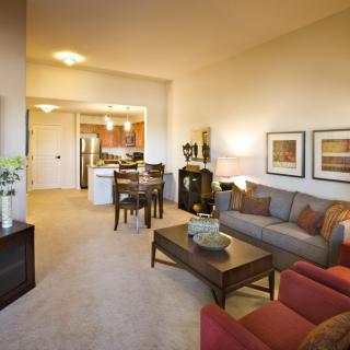 A modern apartment living room featuring a cozy seating area, a dining table, and an open kitchen layout.