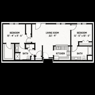 Two-bedroom apartment floor plan with living room, kitchen, and bathrooms.
