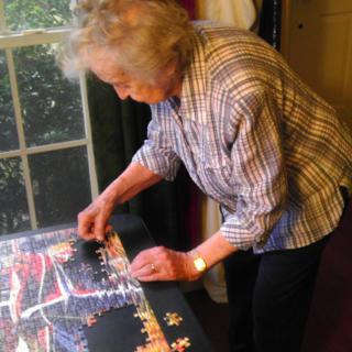 A person working on a jigsaw puzzle near a window.