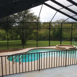 A backyard view featuring a swimming pool and hot tub enclosed within a screened patio area, surrounded by lush greenery.