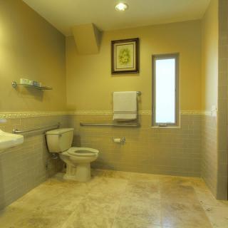 A spacious and accessible bathroom with modern amenities.