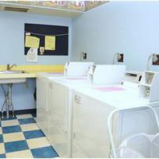 A clean and organized laundry room with washing machines, a folding table, and blue walls.