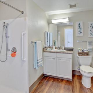 A modern bathroom with a shower, toilet, and vanity sink area featuring wood flooring.