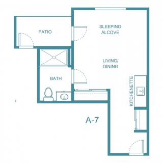 Blueprint of a studio apartment with a living/dining area, sleeping alcove, kitchen, bathroom, and patio.